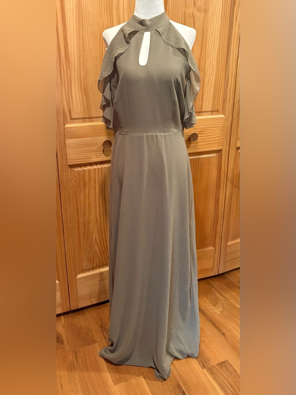 Lauren Conrad LC taupe chiffon cold-shoulder maxi dress women’s 12